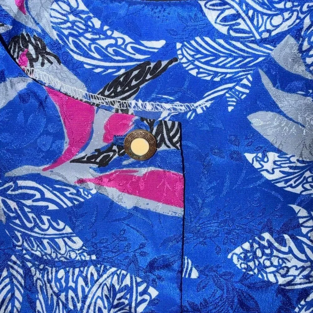 Vintage 1950s Buttondown Blouse Satin Colorful Royal Blue Dopamine Floral SP